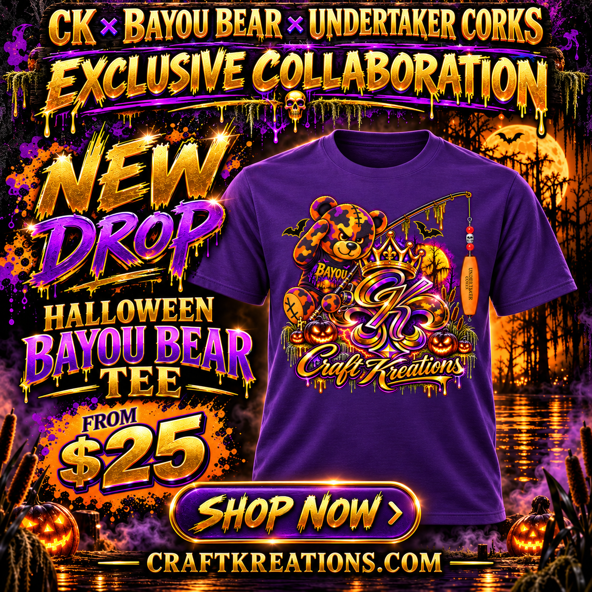 CK, Bayou Bear and Undertaker Corks exclusive collaboration Halloween graphic tee advertisement