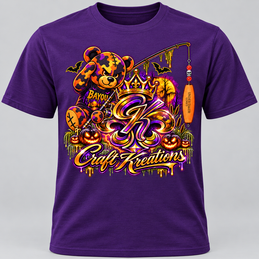 Halloween Bayou Bear x Undertaker Corks graphic tee on a purple shirt